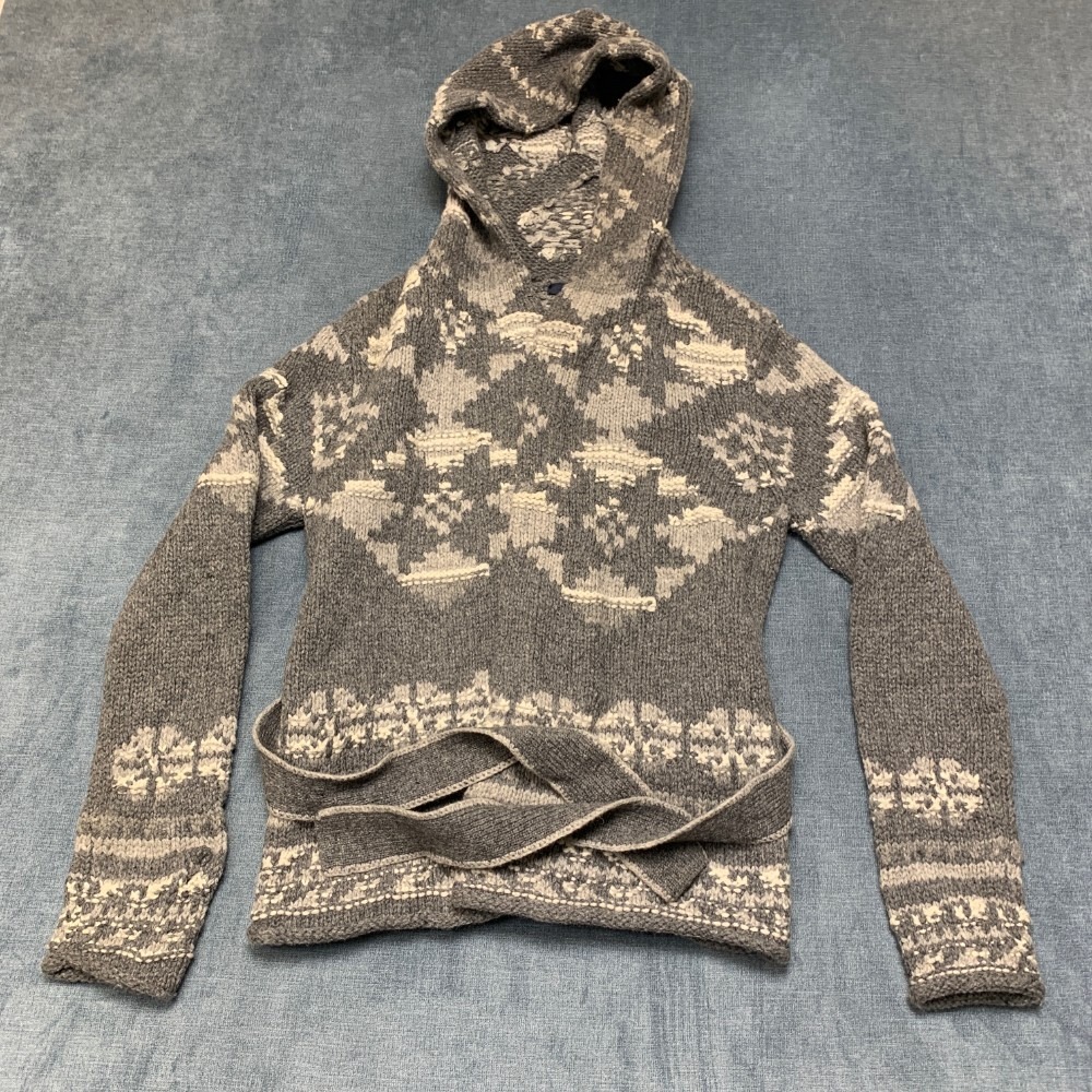 Gap Cardigan Sweater Womens S Gray Aztec Print Wool Tie Waist Open Front Hooded